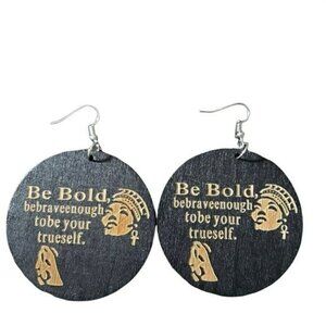 Womens Be Bold African American Black Wooden Round Retro French Hook Earrings